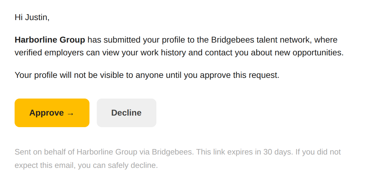 Consent email a candidate receives when invited to the Bridgebees talent network